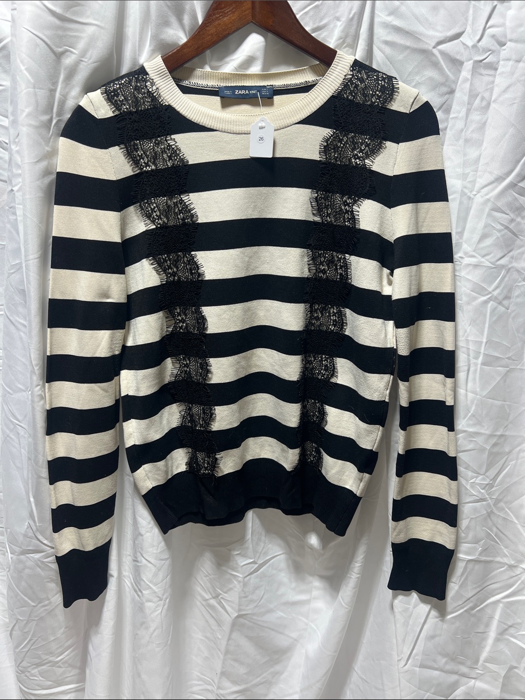 Zara Black & Cream Striped Lace-Trim Crew Sweater